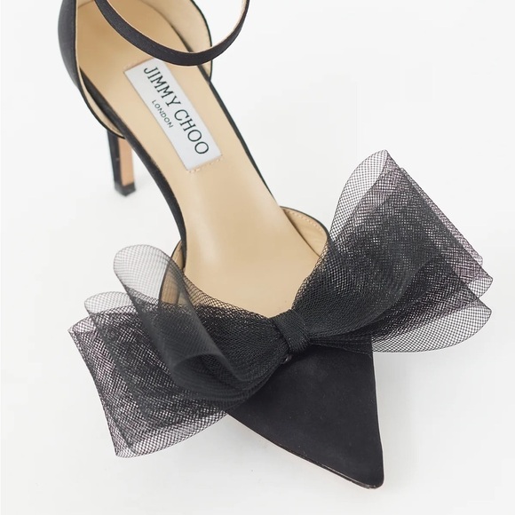 Jimmy Choo Averly 100 Black Mesh Bow Satin Pointed Toe Stiletto Heel Pumps - Picture 9 of 9